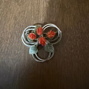 Silvertone With Carved Rose Center Brooch Pin Vintage